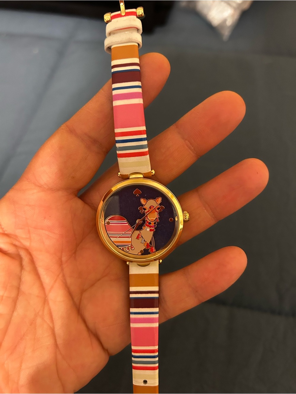 kate spade Gold-Tone Watch with Pink, Navy & Cream Striped Band